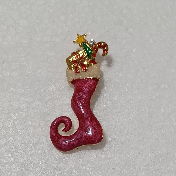 Festive Red Stocking Enamel Candy Cane Holiday Brooch - Picture 1 of 7